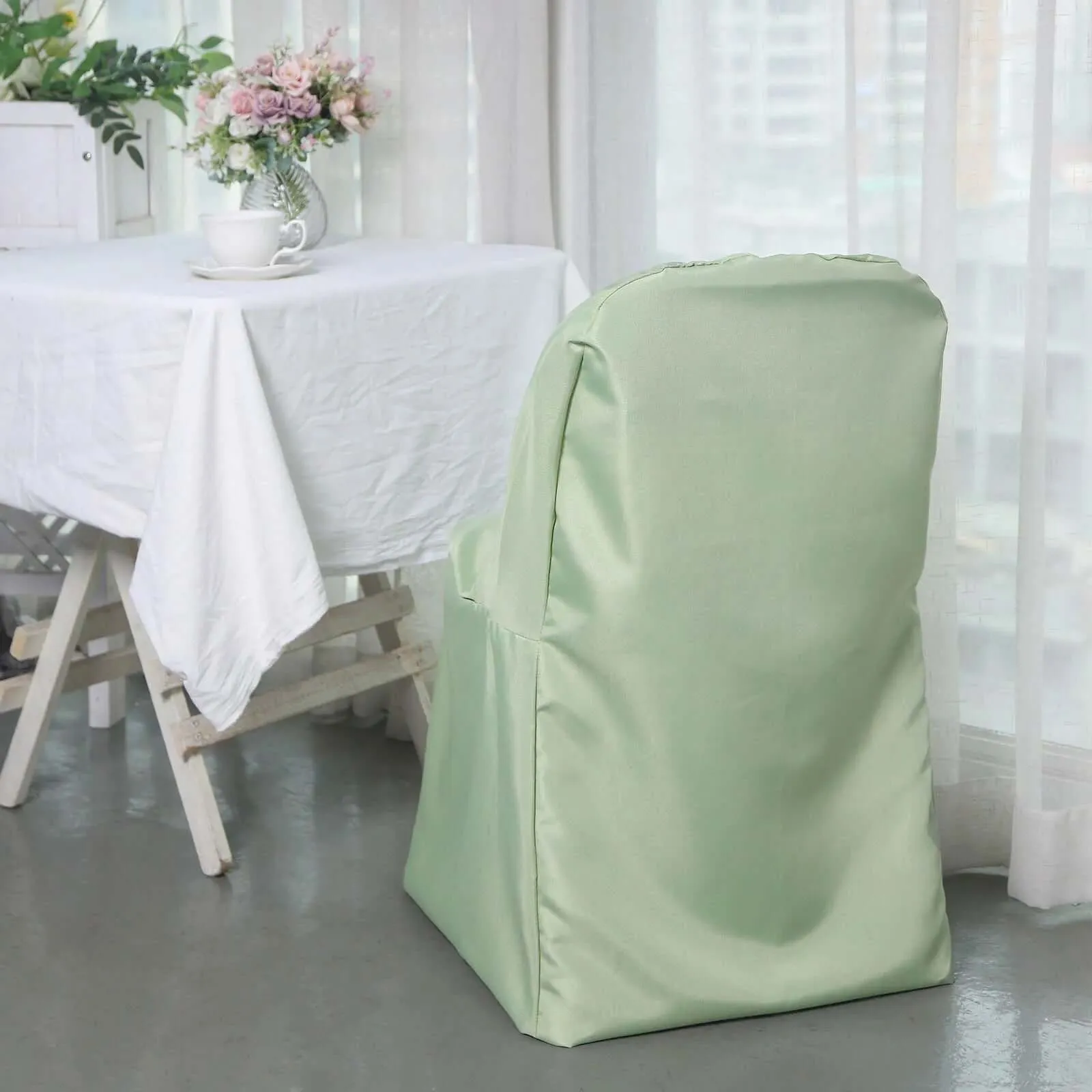 10 Pack Sage Green Polyester Folding Chair Covers, Reusable Stain Resistant Slip On Chair Covers