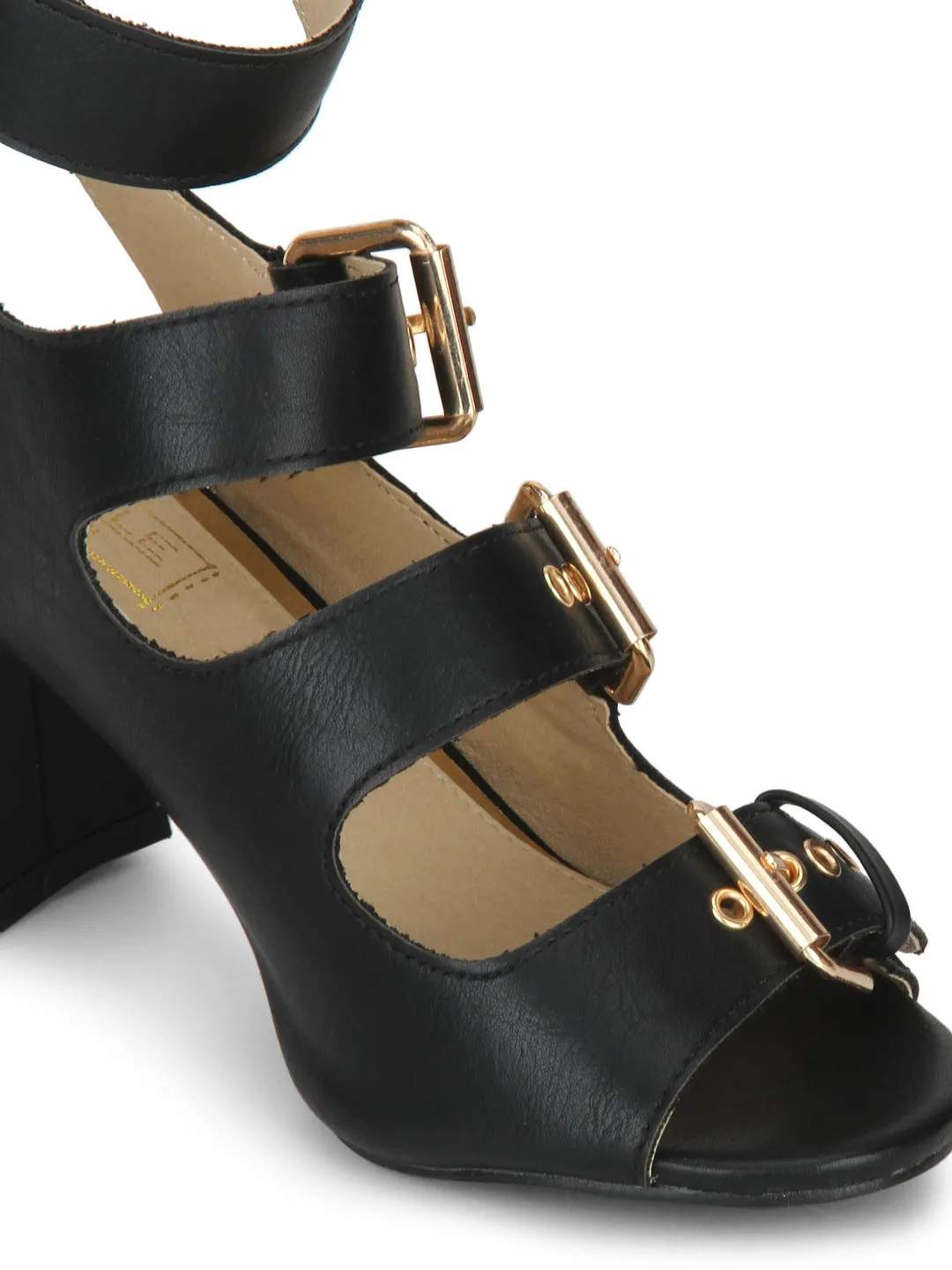 Black Buckle Detail Ankle Strap Low Block Heels