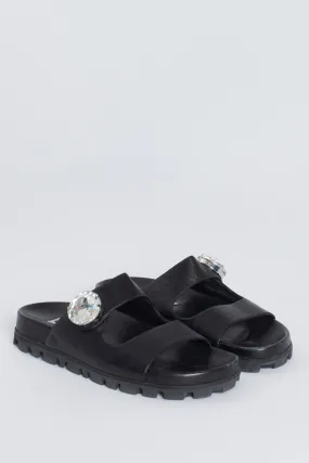 Black Leather Crystal Embellished Preowned Slides With Rubber Sole