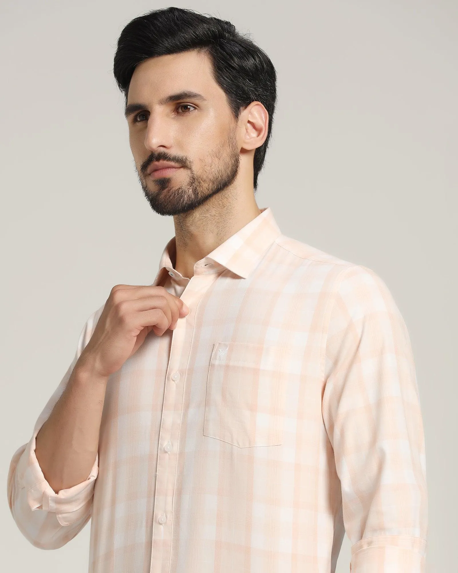 Casual Peach Check Shirt - Stone