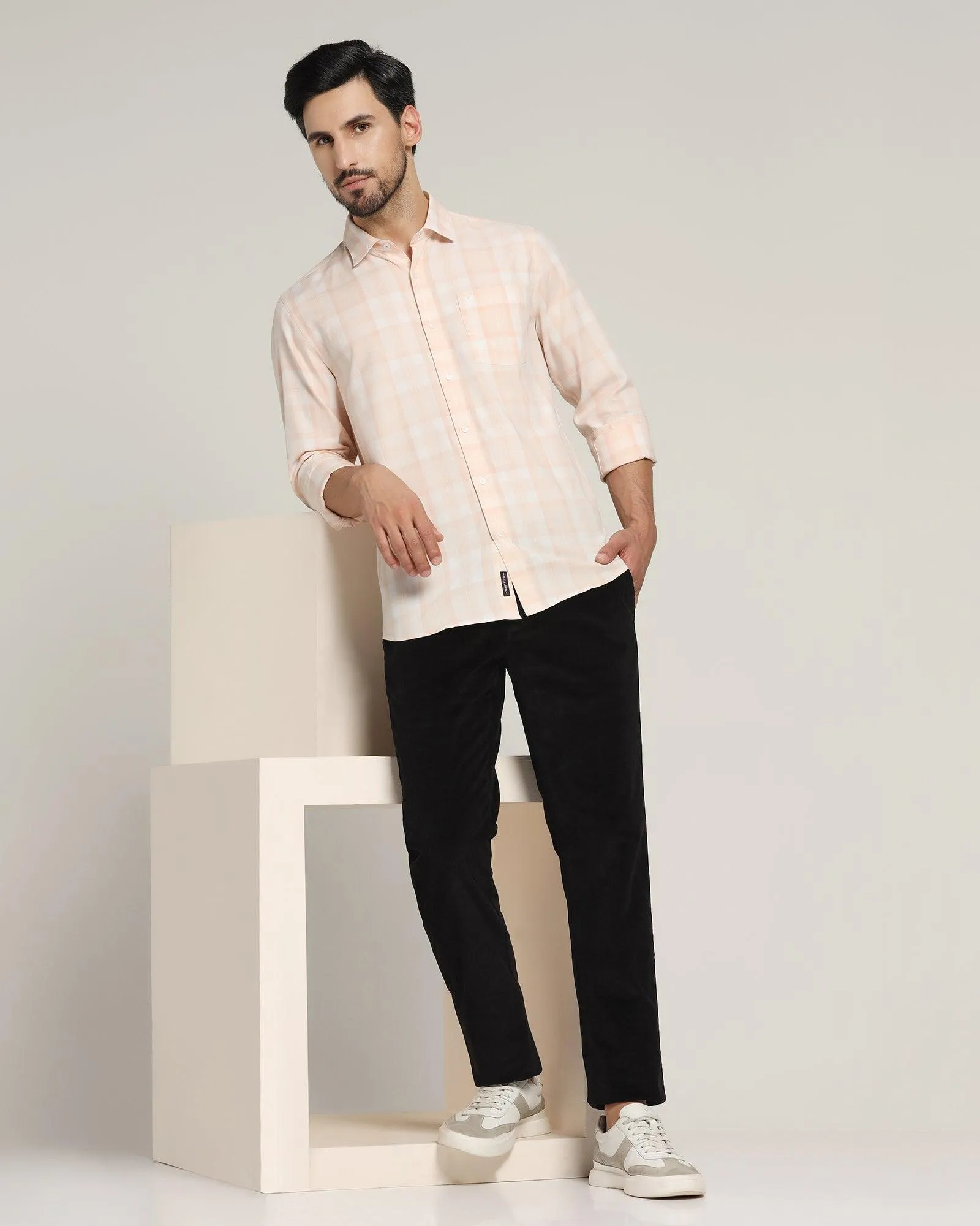 Casual Peach Check Shirt - Stone