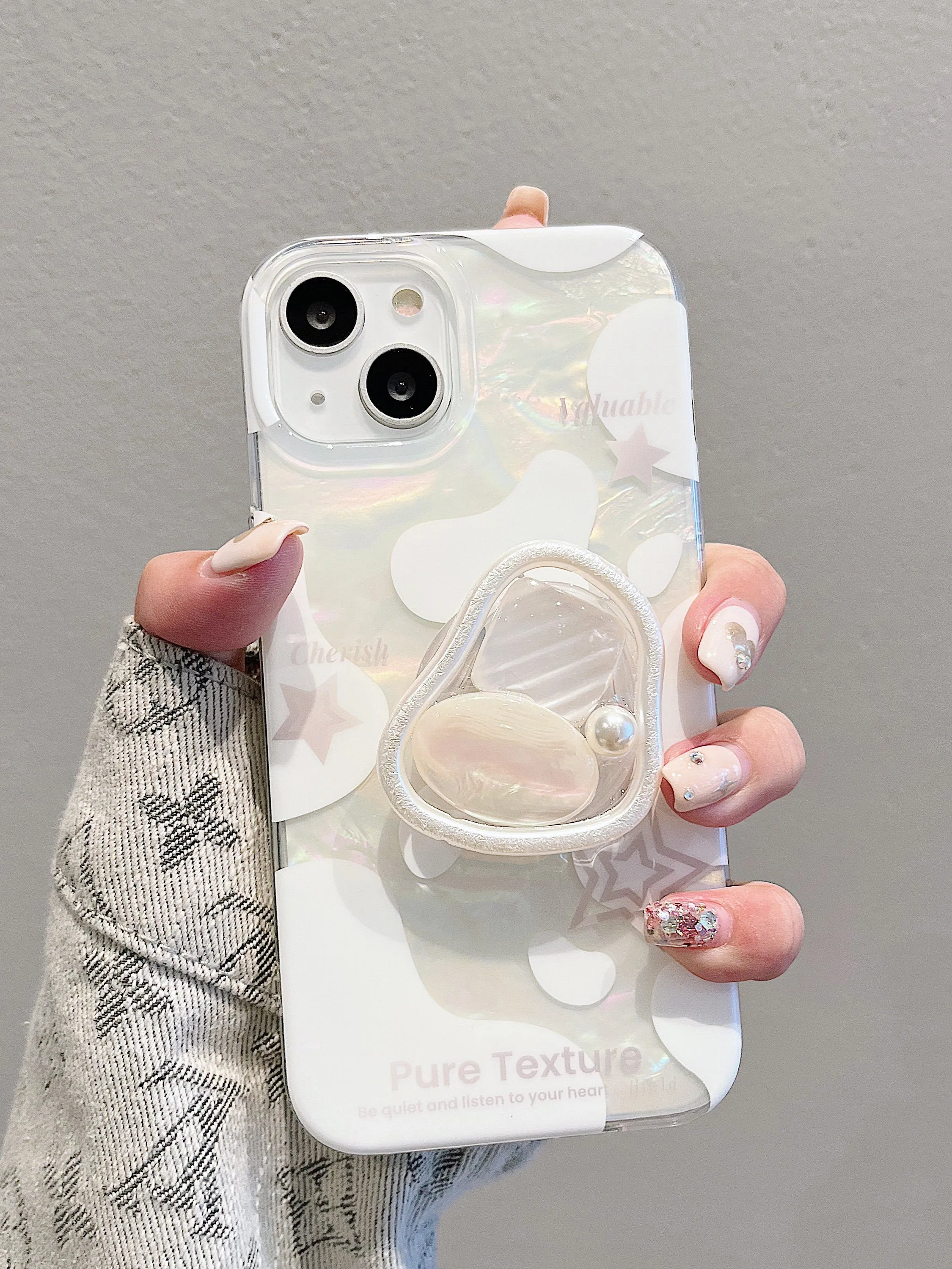 Cute Holographic Milk White Fairy Shell Pattern Design with Stand & Pearl Strap Protective Phone Case for iPhone 11 12 13 14 15 Pro Max Case