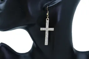 Double Row Gold Metal Rhinestone Cross Earrings