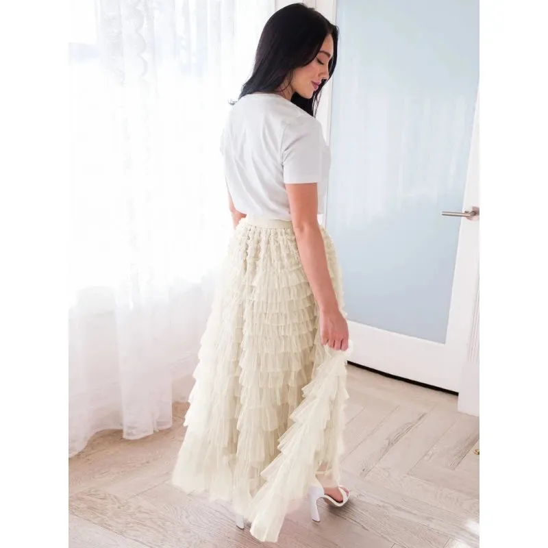 Elegant Fairy Tulle Tiered Elastic High Waist Mesh Ruffle Layered Long Skirt