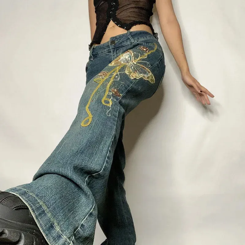 Getadme Fashion Y2k Pants Cyber Y2k Jeans Emo High Street Spice Retro Butterfly Print Grunge Fairy Jeans Alt Cloth Harajuku Mom Jeans