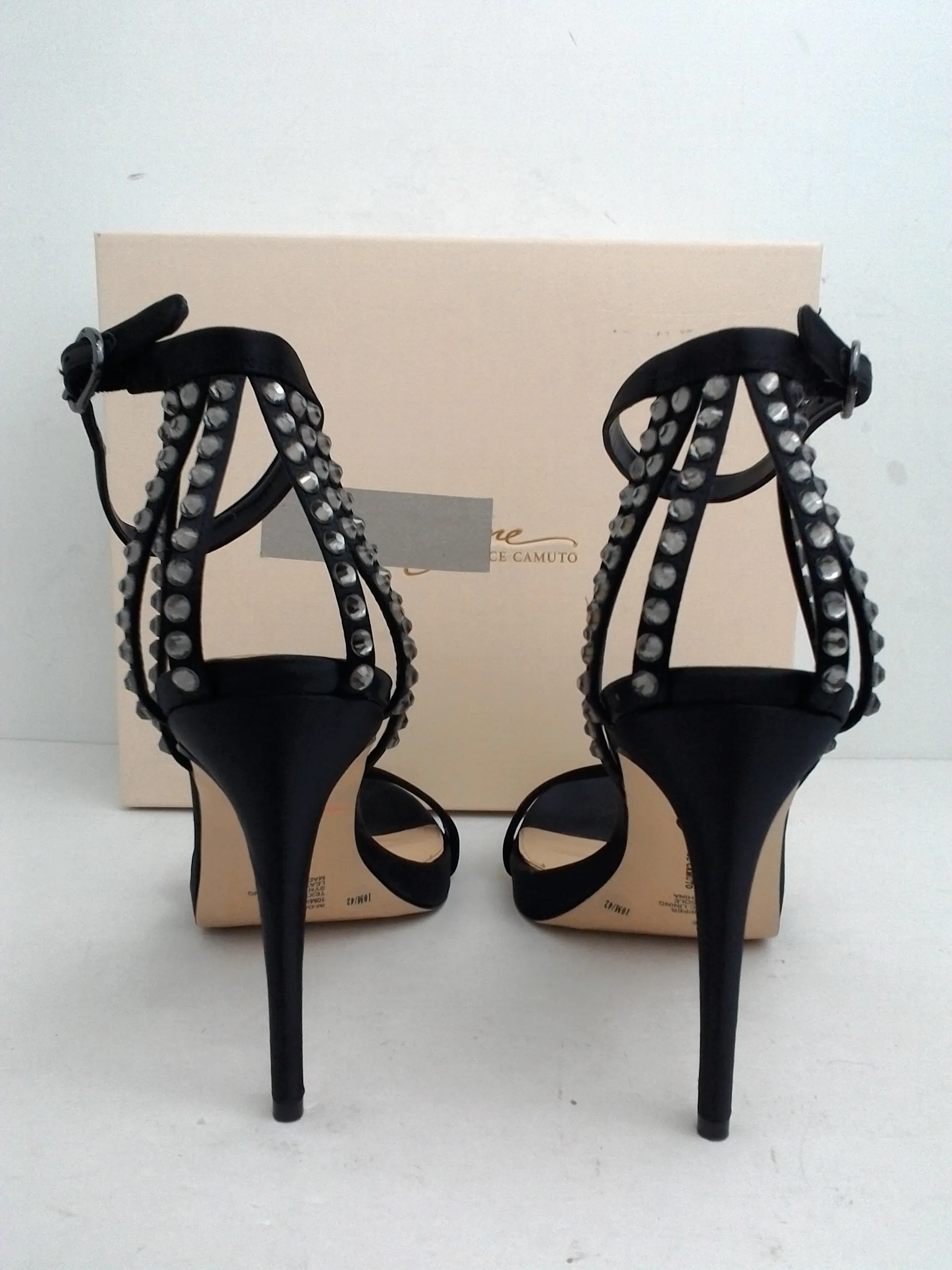 Imagine Vince Camuto Women's Daphee Black Delux Satin Heeled Sandal Size 10 M