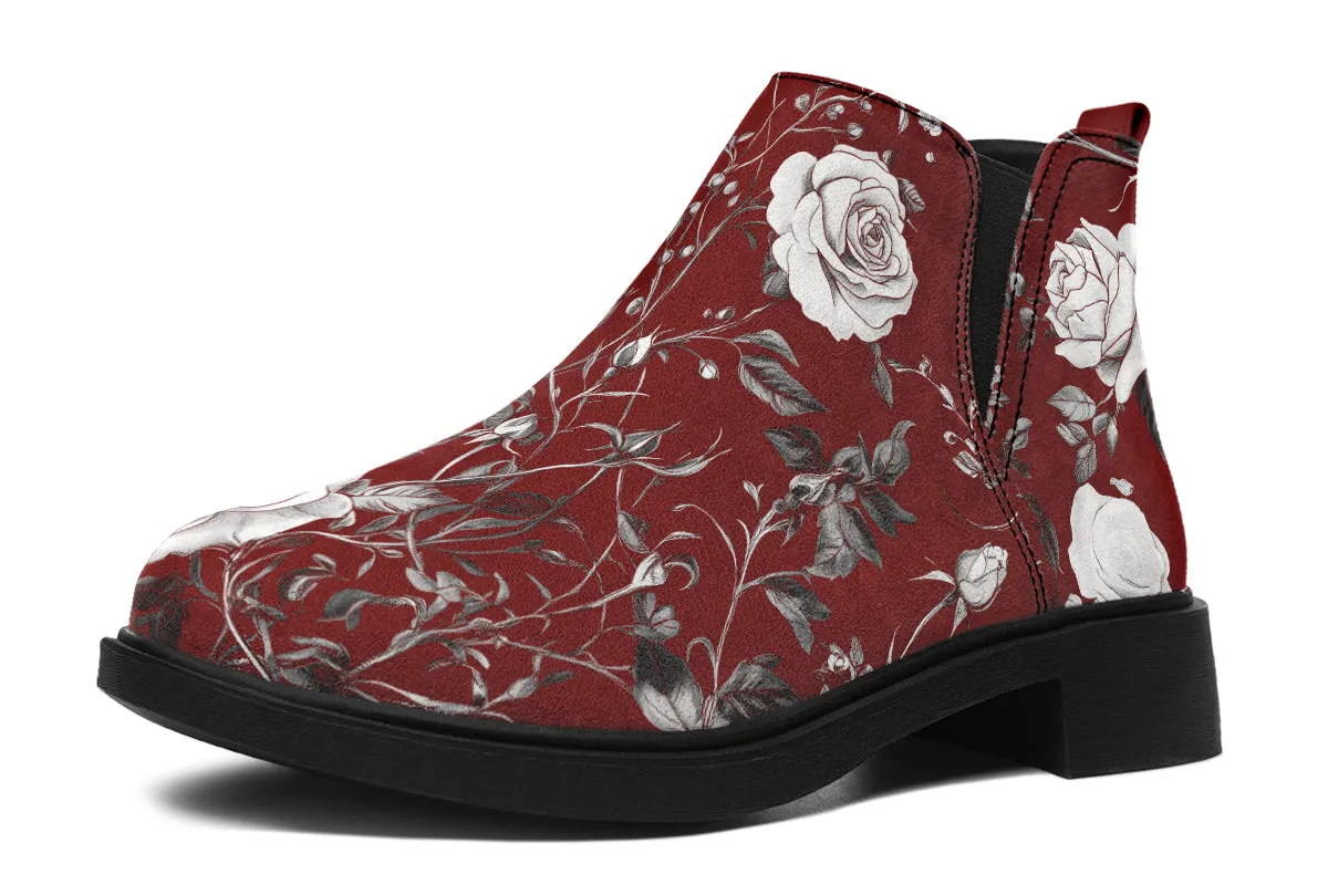 Red Rose Romance Chelsea Boots - Comfy Slip-On - Soft & Water-Resistant Micro-Suede Vegan Shoes