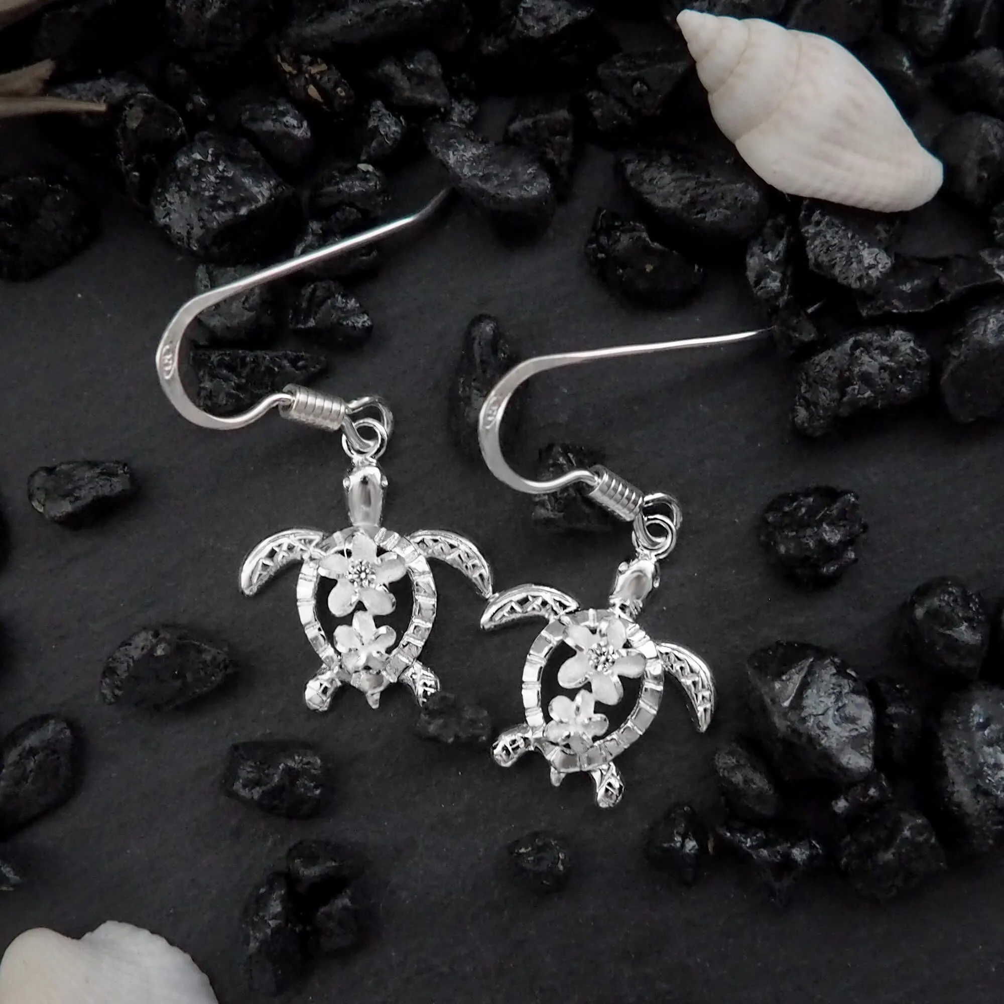 Sterling Silver Petroglyph Turtle Plumeria Dangle Earrings