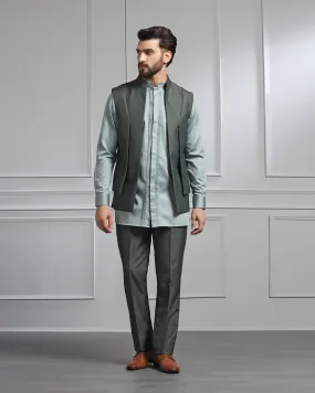 Swarn Two Piece Dark Green Textured Achkan Set - Wallhala